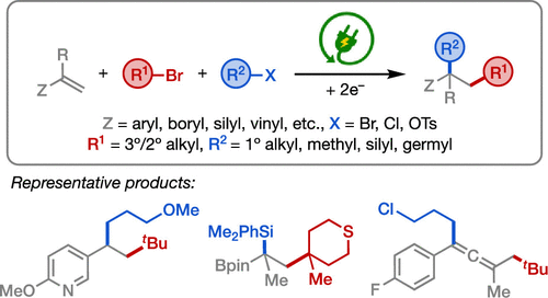 TOC graphic for "Three-Component Cross-Electrophile Coupling: Regioselective Electrochemical Dialkylation of Alkenes"